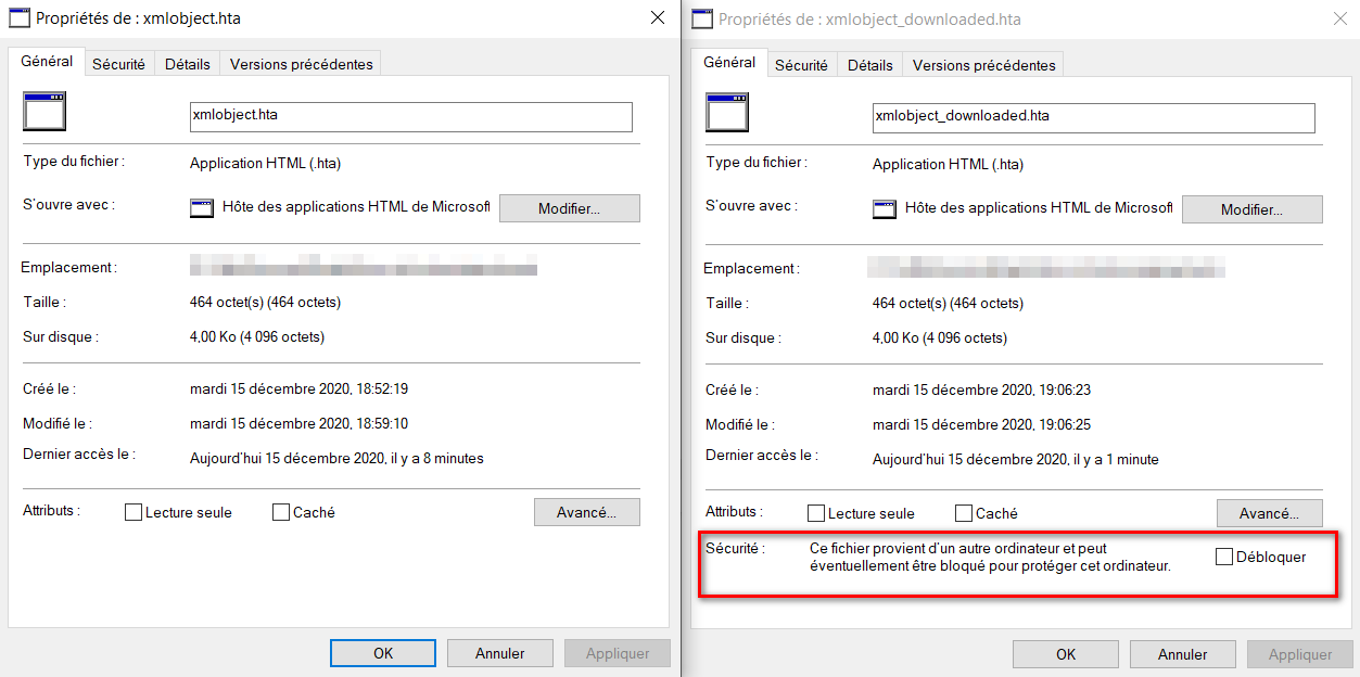 Properties differences between the two files